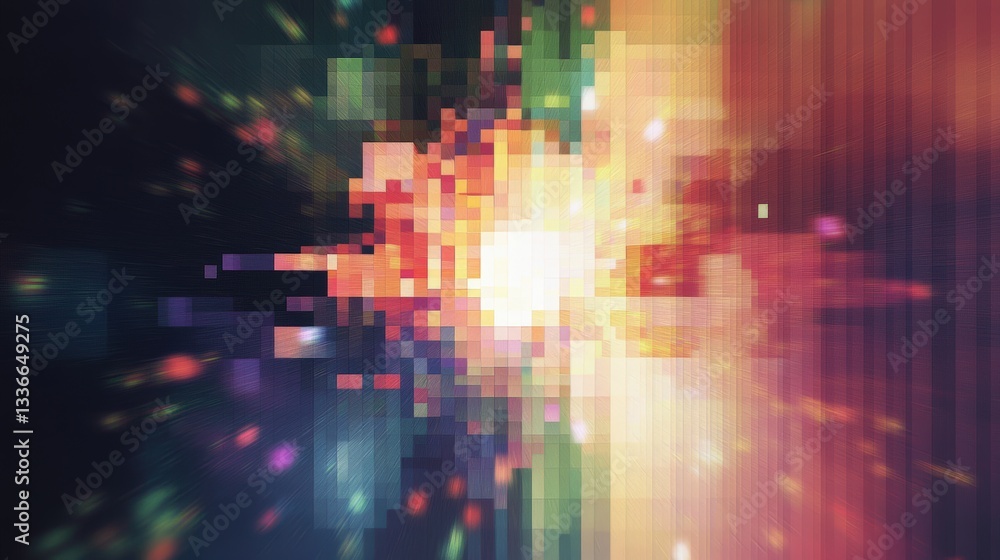 Poster a vibrant explosion of colors and pixels radiates outward, creating a dynamic, abstract visual effec