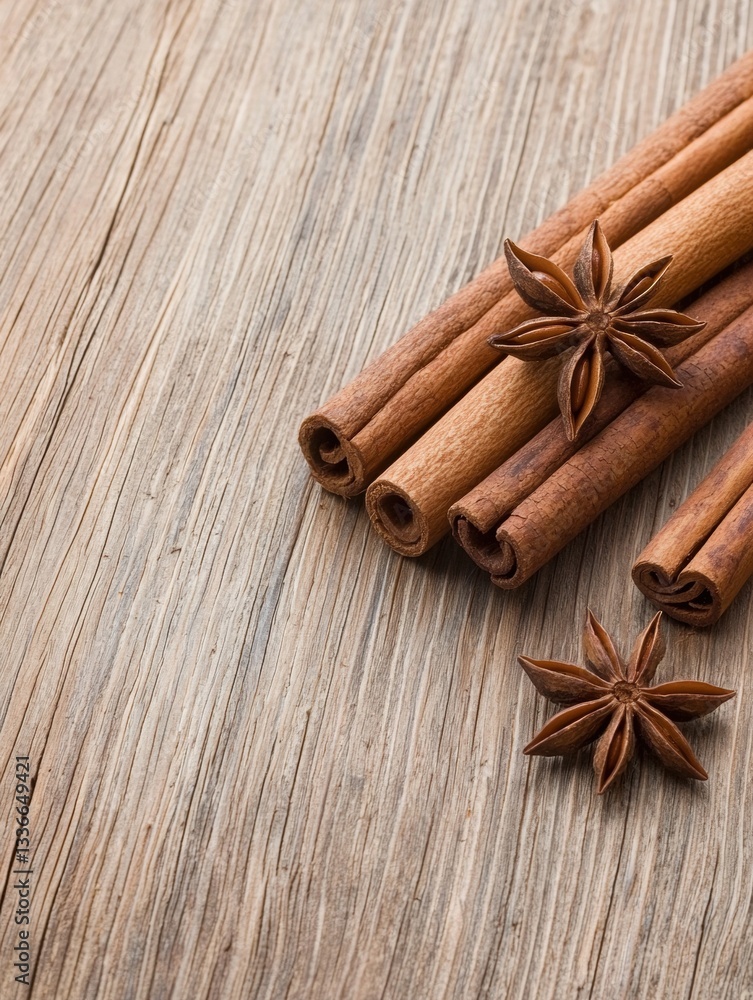 Poster group of cinnamon sticks arranged in a horizontal line on a wooden surface. the sticks are of differ