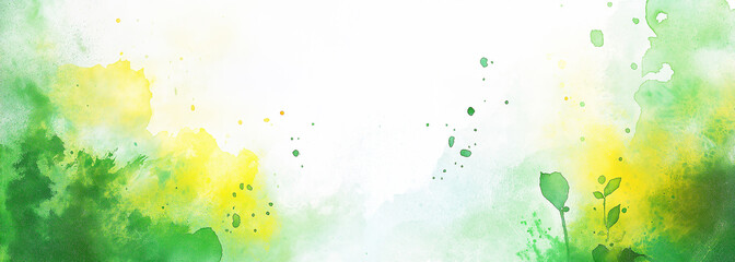 Fototapeta premium Watercolor green and yellow spring background with white space in the middle for text, digital art.