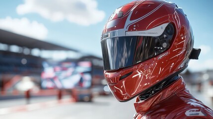 Racer in a red helmet at the starting line, ready for a high-speed competition.