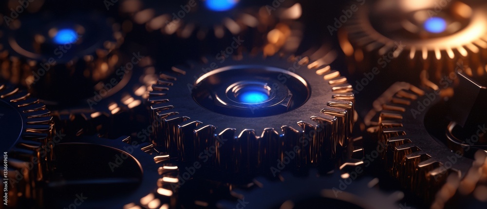 Poster close-up of a group of gears. the gears are made of metal and have a metallic sheen. they are arrang