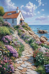 A charming seaside cottage surrounded by vibrant flowers on a sunny day.