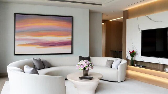 Scandinavian contemporary living room with warm gray tones, a curved boucle sofa, a sculptural travertine coffee table, and a framed soft pastel sunrise sky painting