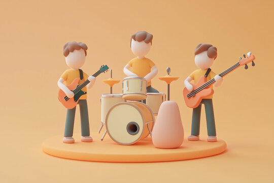 3D illustration of a pastel-colored music stage with drums, guitars, amplifiers, and decorative arches surrounded by abstract shapes. A creative concert scene representing performance, energy.