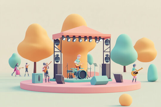 3D illustration of a pastel-colored music stage with drums, guitars, amplifiers, and decorative arches surrounded by abstract shapes. A creative concert scene representing performance, energy.