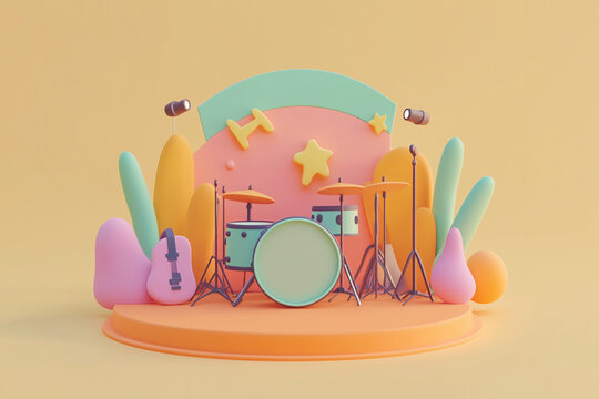 3D illustration of a pastel-colored music stage with drums, guitars, amplifiers, and decorative arches surrounded by abstract shapes. A creative concert scene representing performance, energy.
