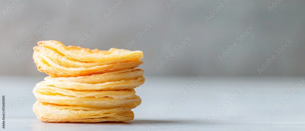 Poster stack of three triangular-shaped pastries on a white surface. the pastries are golden brown in color