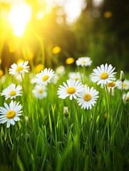 Sunlit Meadow: Daisies, Grass, Flowers, Nature, Spring, Summer, Blossom, Sunlight, Field, Garden