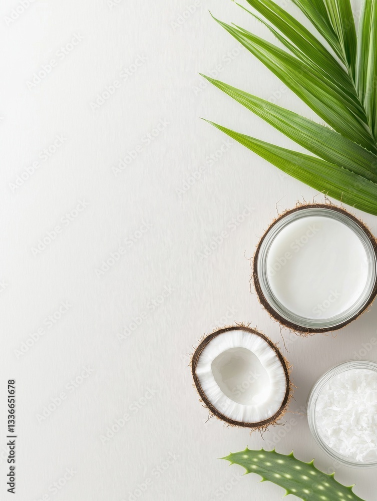 Poster flat lay of a white background with a few objects arranged on it. on the left side of the image, the