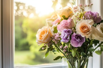 Obraz premium Vibrant Floral Bouquet by Sunny Window: Roses and Blossoms in Daylight.