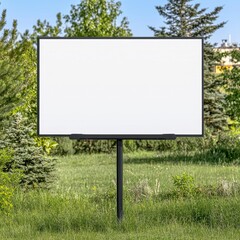 Blank Outdoor Billboard in Lush Green Field Surrounded by Trees Under Clear Blue Sky