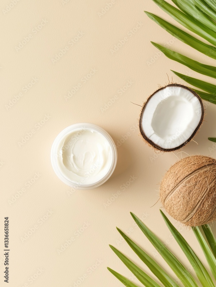 Poster flat lay of a jar of cream and two coconuts on a beige background. the jar is white with a lid and i