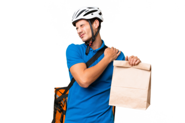 Young caucasian man taking a bag of takeaway food over isolated background suffering from pain in shoulder for having made an effort