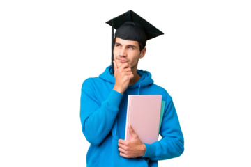 Young university graduate man over isolated background having doubts
