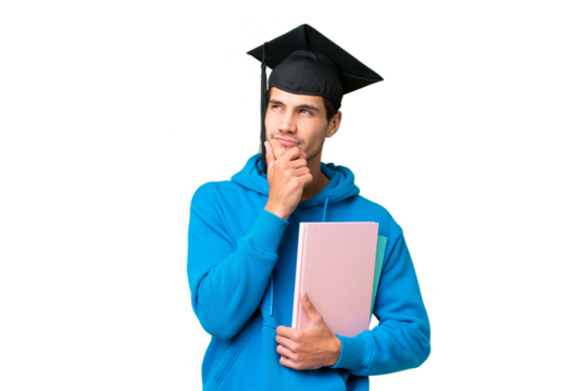 Young university graduate man over isolated background having doubts