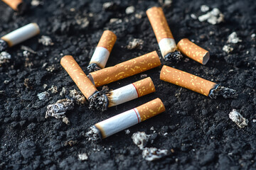 group of Cigarette butts thrown on blacktop parking