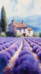 A serene lavender field surrounds a quaint, rustic house under a blue sky.