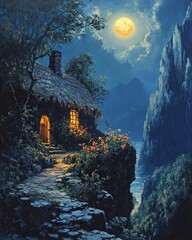 A serene moonlit scene featuring a cozy cottage by the mountains and a glowing moon.