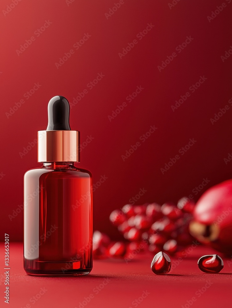 Poster 3d rendering of a red glass dropper bottle with a black dropper cap. the bottle is placed on a red s
