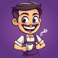 Art Cartoon Barista Scene Purple Smile Cheerful Cup