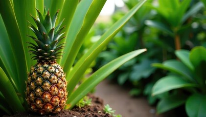 Fototapeta premium Green leaves on pineapple trees surrounding a garden filled with ornamental plants, Nature, Healthy Environment