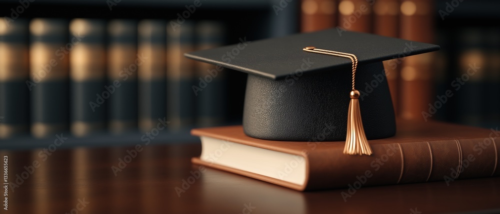 Poster black graduation cap with a gold tassel on top of an open book. the cap is placed on a wooden table 