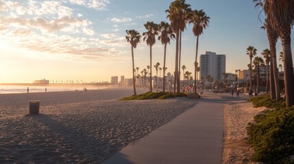 Golden light bathes Long Beach as people enjoy a leisurely walk. Palm trees sway gently in the breeze, creating a picturesque coastal atmosphere