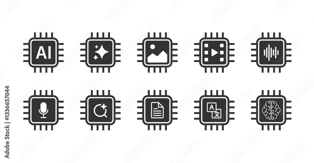 Poster Generate ideas on AI processor chip user interface icon. Concept of Artificial intelligence. Icon set element for application, and websites.  Vector illustration.