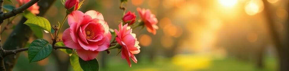 Obraz premium Les fleurs roses s'agitent dans les branches d'un arbre ensoleill?, arbuste, roses, soleil