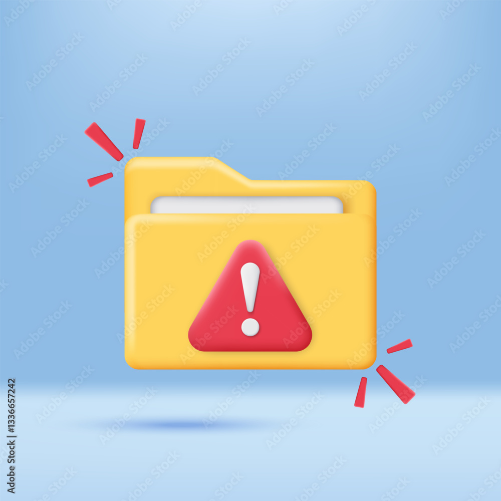 Poster 3D document file with red attention icon. Data breach, Malware, Cyber Attack, Hacking, and Security protection Concept. 3D signal vector icon render illustration.