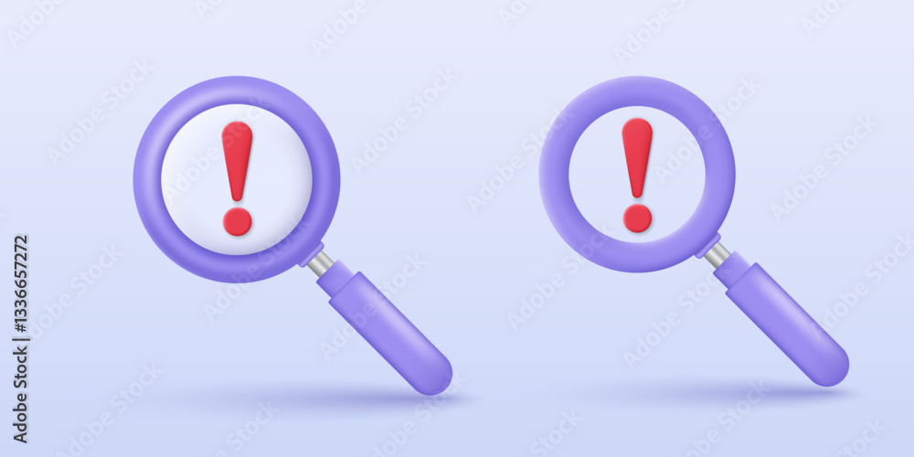 Poster 3d magnifying glass with red exclamation mark icon. data breach, malware, cyber attack, hacking, and
