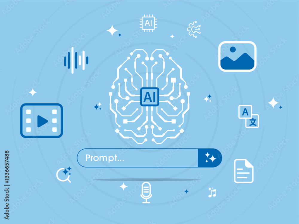 Aufkleber Concept of AI, Digital brain with ai chip on generate bar. AI created generate art, text, video, and audio with prompt. Big data visualization and machine learning. Vector illustration.