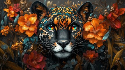 A mesmerizing digital artwork of a leopard adorned with intricate floral patterns, glowing multicolored eyes, and a vibrant mix of blue, orange, and pink hues.  
