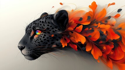 A stunning digital artwork of a black leopard with a vibrant multicolored eye, featuring flowing abstract orange and red elements blending into its fur.  
