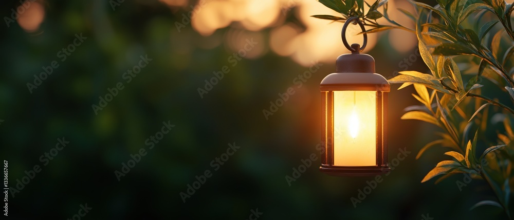 Poster close-up of a lantern hanging from a tree branch. the lantern is made of metal and has a round shape