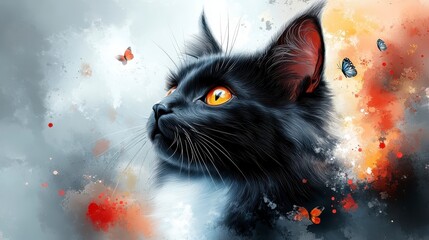 A stunning digital painting of a fluffy cat with glowing amber eyes gazing at a butterfly, surrounded by delicate autumn leaves and soft watercolor textures.  
