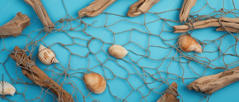 Poster group of seashells and driftwood arranged in a net-like pattern on a blue background. the driftwood 