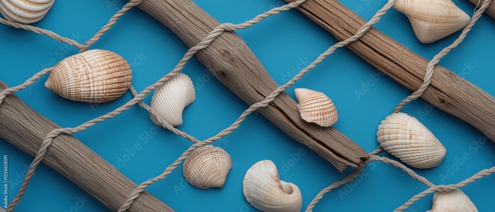 Fototapete group of seashells arranged in a grid-like pattern on a blue background. the shells are of different