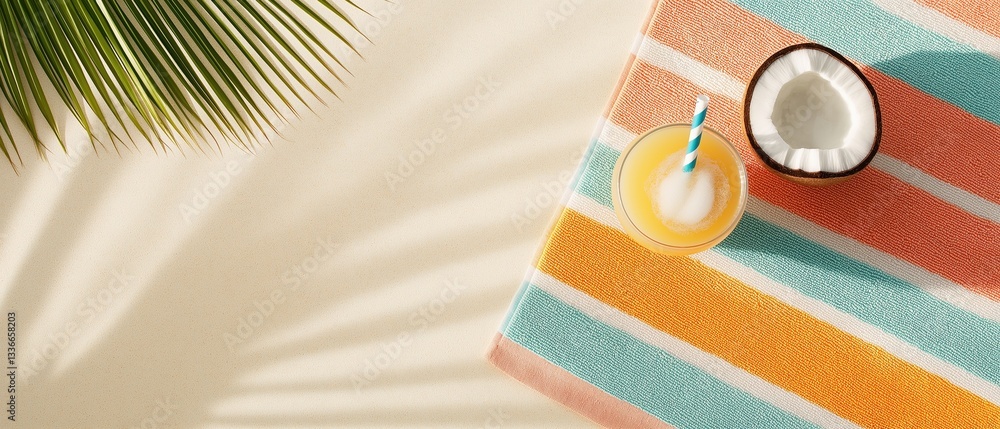 Poster flat lay of a tropical setting with a palm leaf on the left side and a colorful striped towel on the