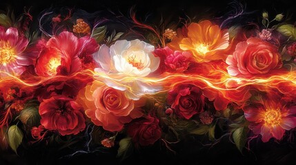 Fiery floral banner, roses and peonies ablaze, dark background, website header