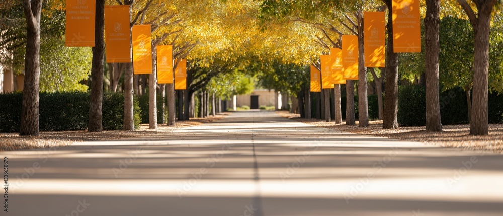 Poster long, straight pathway lined with trees on both sides. the trees have orange banners hanging from th