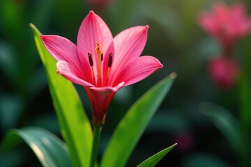 Pink alstroemeria with green leaves and stems, flower, growth, nature