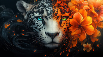  A mesmerizing digital artwork of a leopard adorned with intricate floral patterns, glowing multicolored eyes, and a vibrant mix of blue, orange, and pink hues.