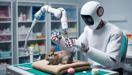 Robotic surgery procedure on rabbit veterinary clinic medical technology futuristic environment