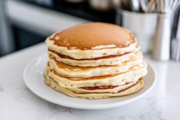 Tall Stack of Fluffy Pancakes on White Plate in Bright Kitchen Setting.
