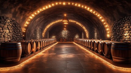 Obraz premium Wine cellar with wooden barrels and warm lighting creating an elegant atmosphere