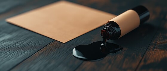 Bottle of perfume lying on a wooden surface. the bottle is cylindrical in shape with a black cap and a beige body.
