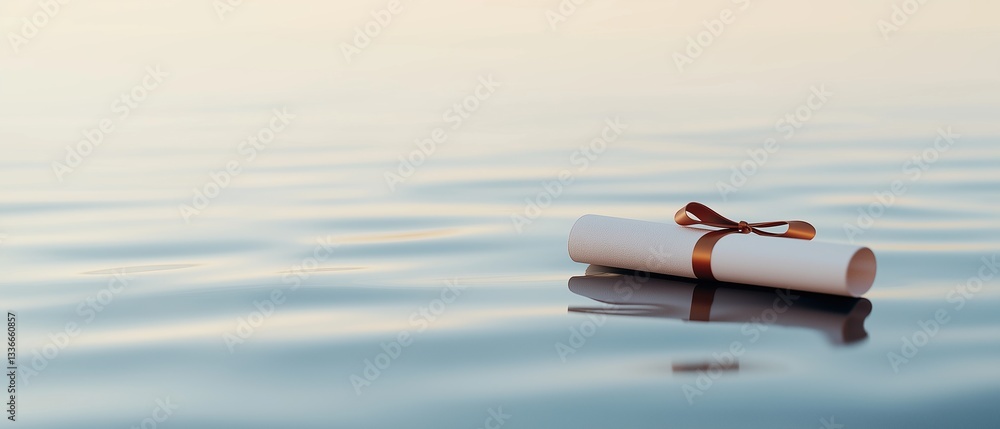 Poster close-up of a rolled-up white paper with a brown ribbon tied in a bow on top. the paper appears to b