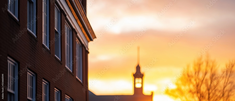 Poster photograph of a building with a clock tower in the background. the building is made of brick and has