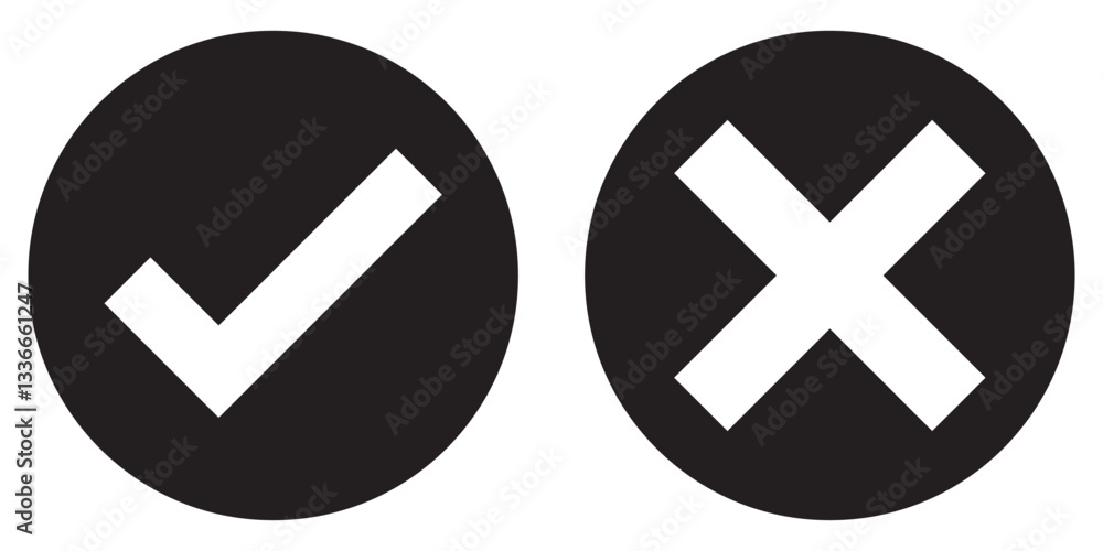 Aufkleber right and wrong vector icon set rounded color black outline, flat rounded check mark, cross, x mark,